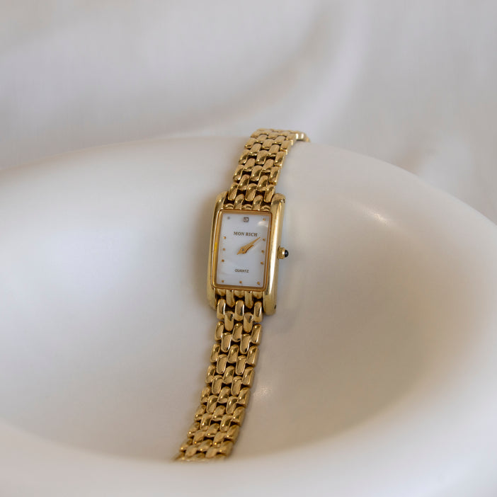 Vintage Mon Rich Rectangular Gold Watch