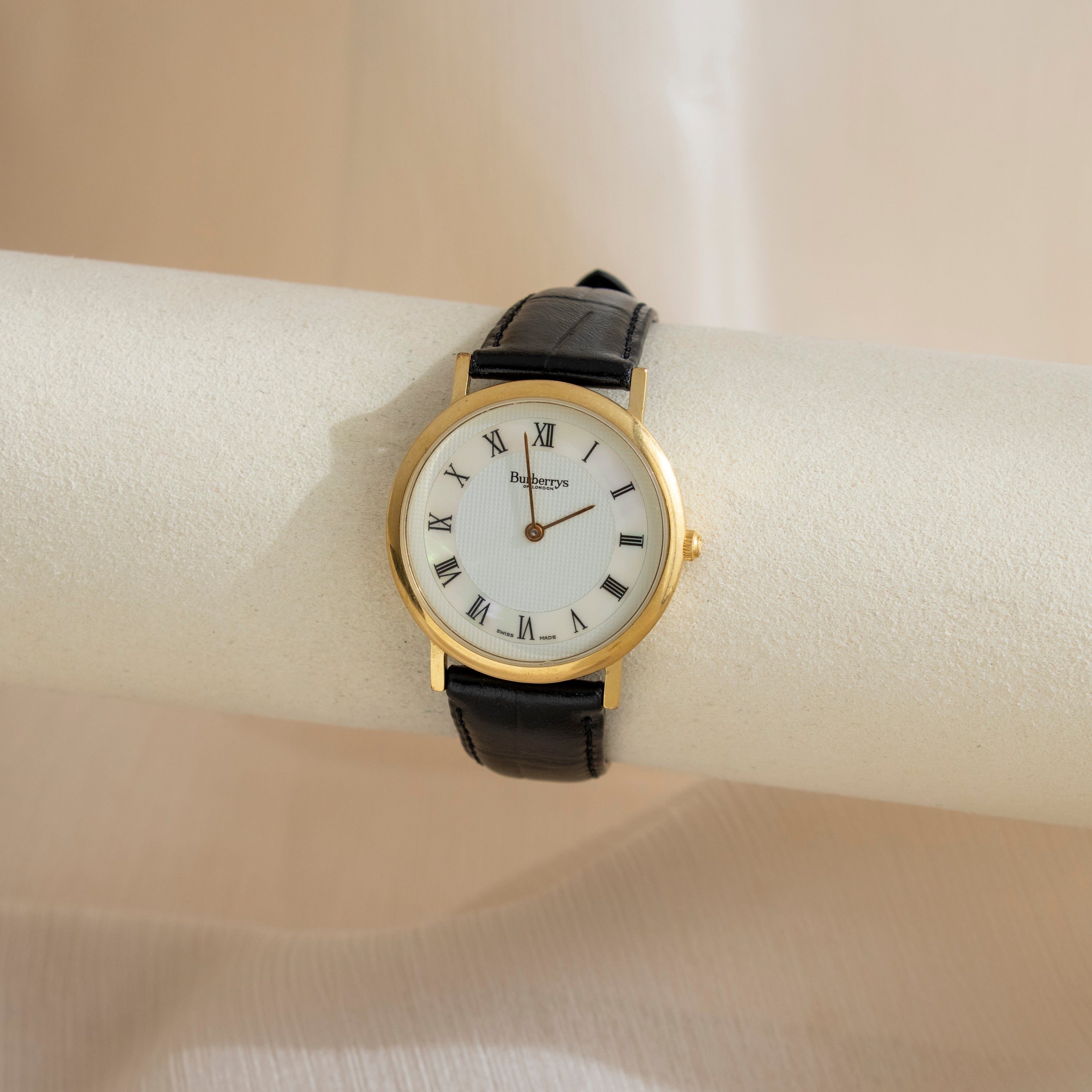 Vintage Burberrys Swiss Round Black Strap Watch