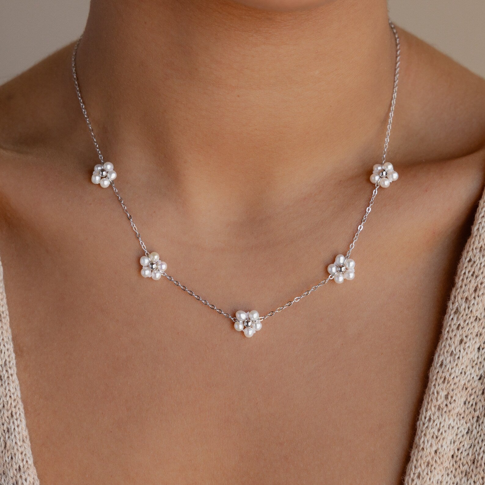 Flower Pearl Station Necklace