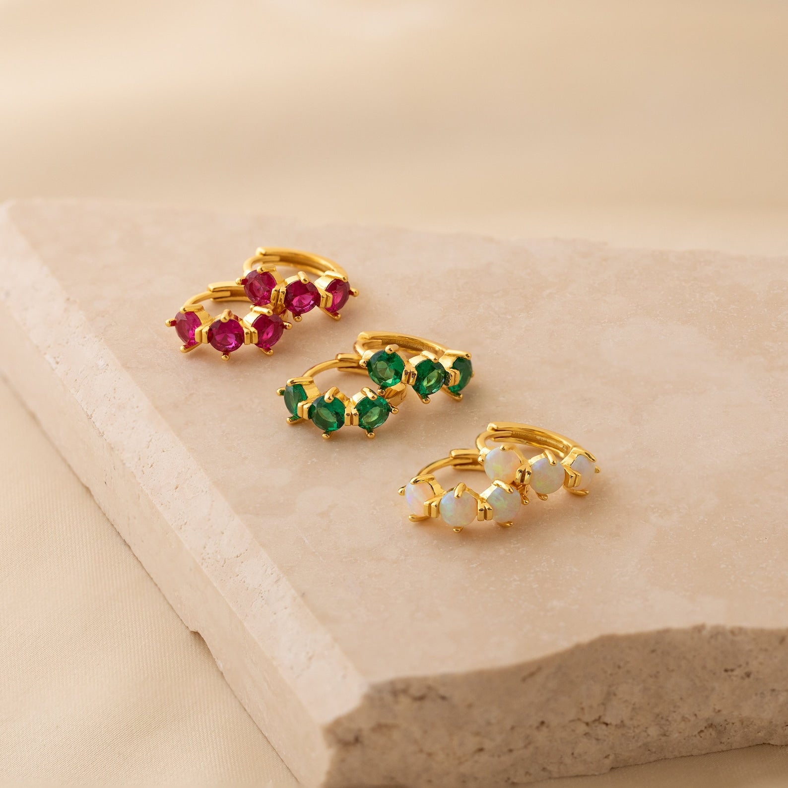 Triple Ruby Birthstone Huggies