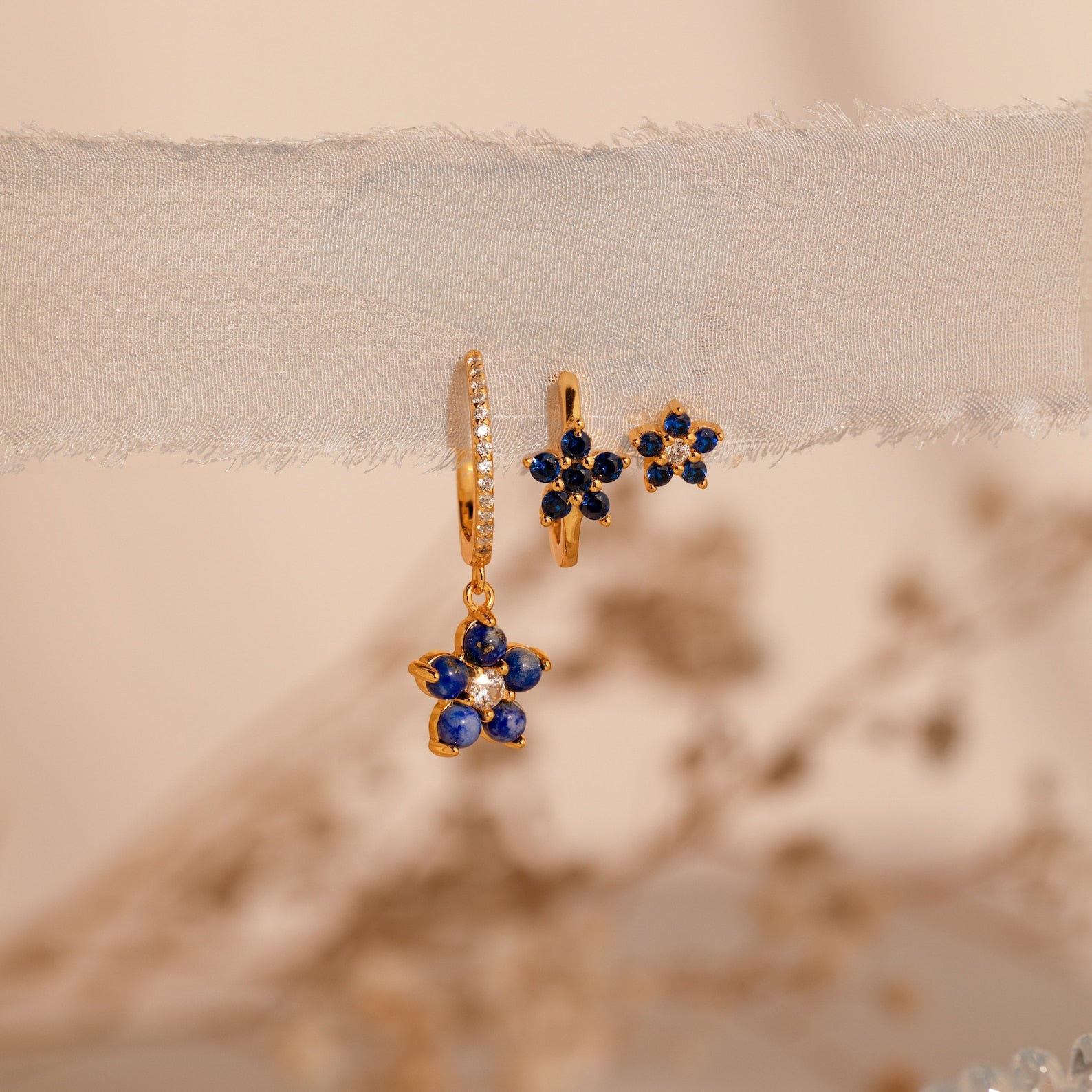 Sapphire Flower Earrings Set