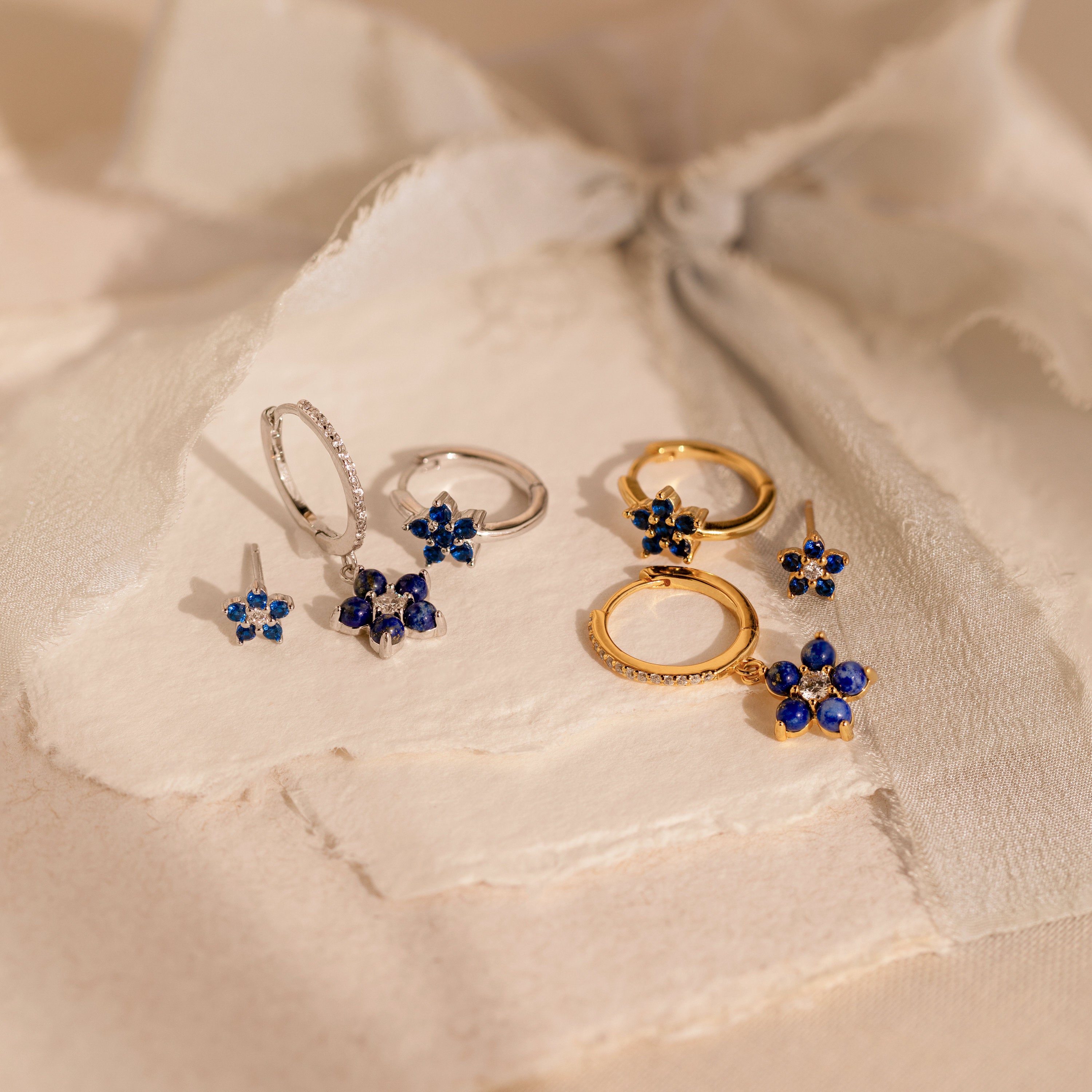 Sapphire Flower Earrings Set - Silver