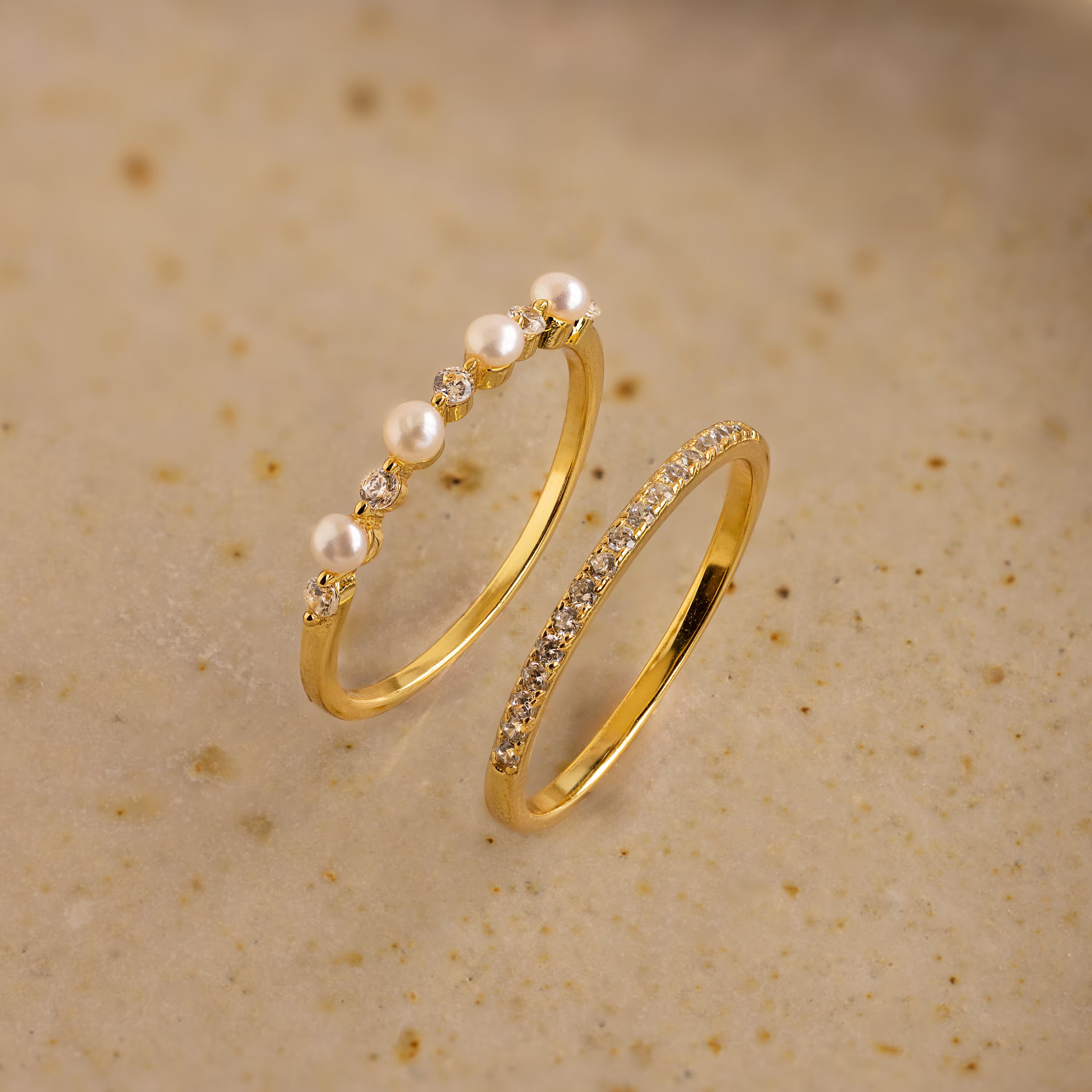 Pave Pearl Stacking Ring Set