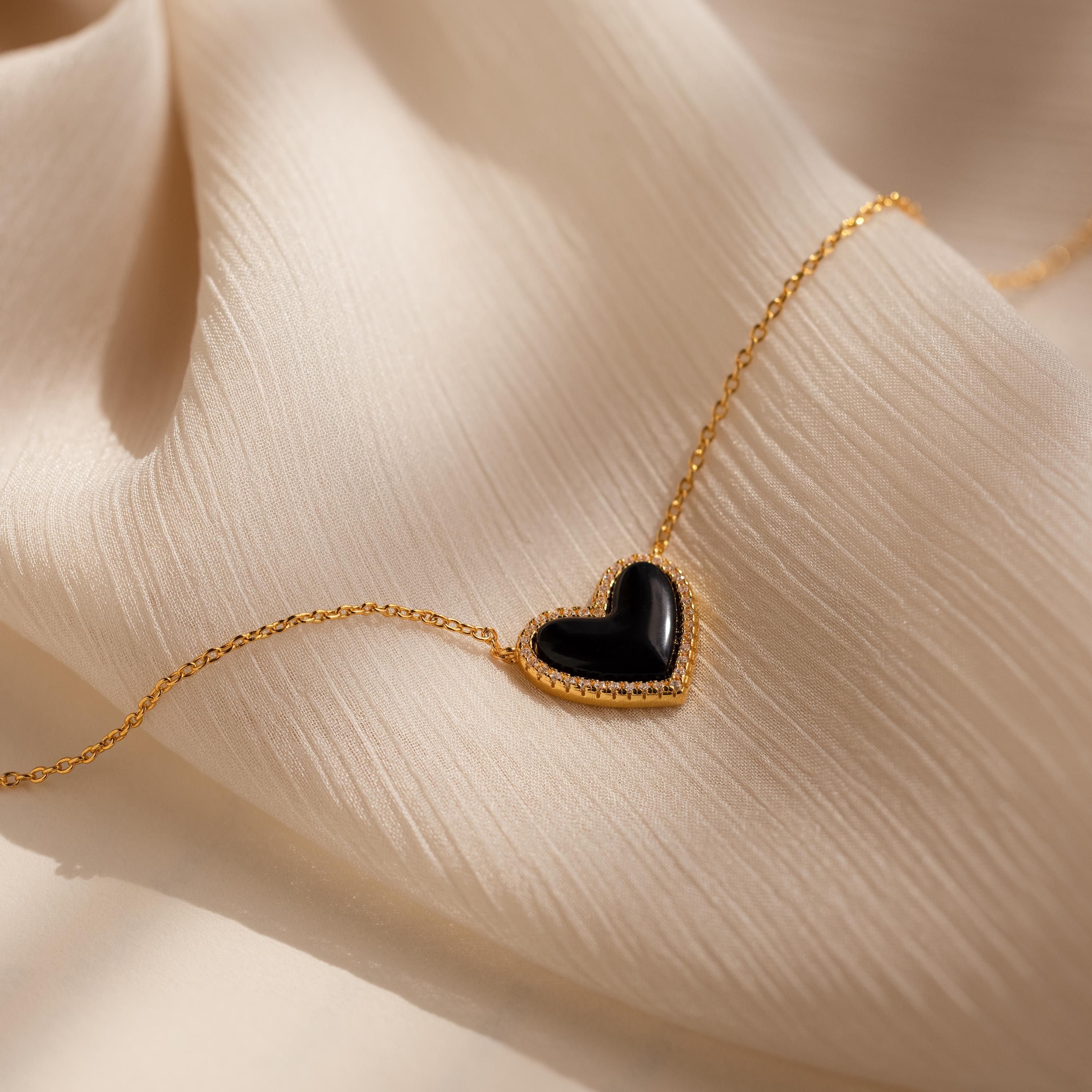 Pave Onyx Puff Heart Necklace