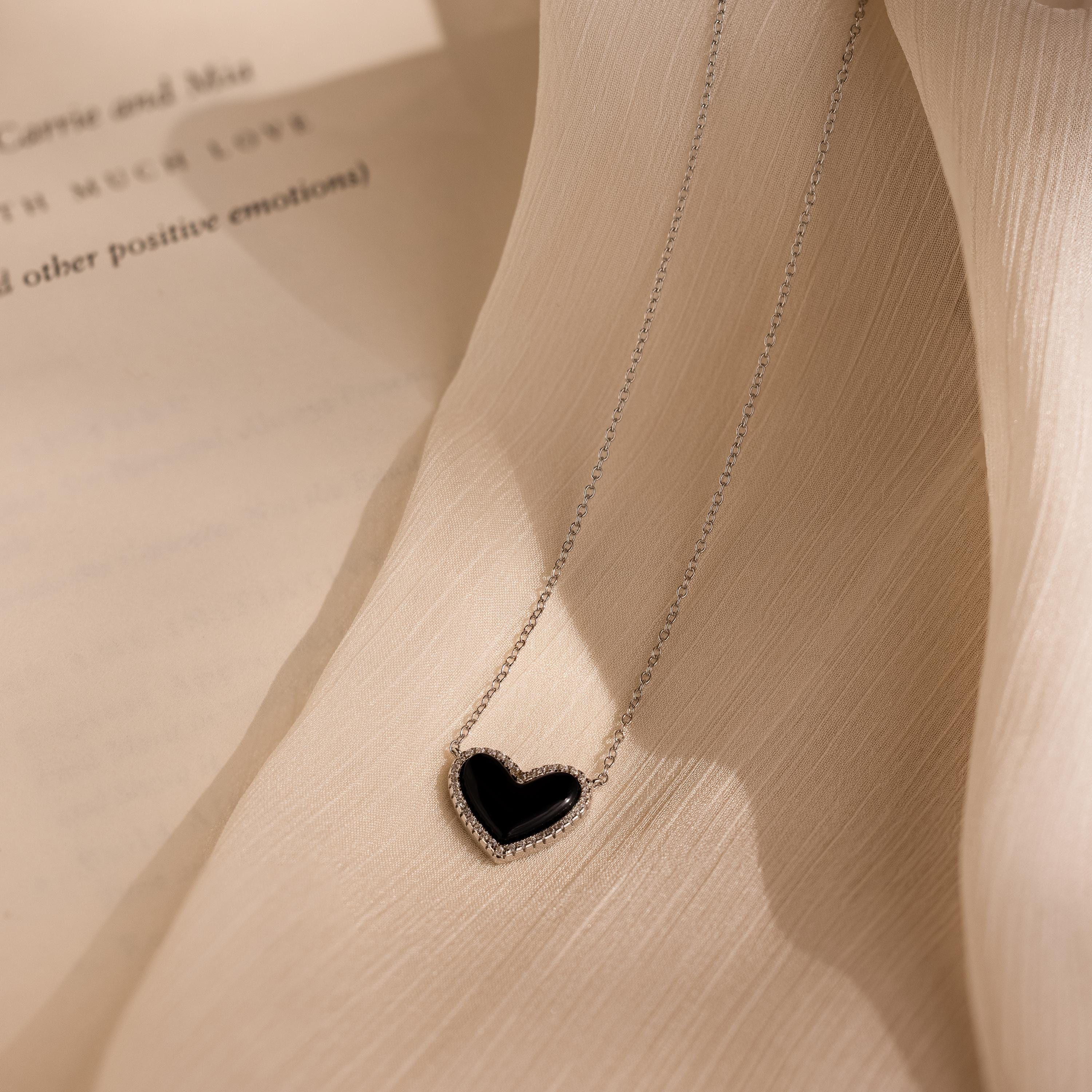 Pave Onyx Puff Heart Necklace