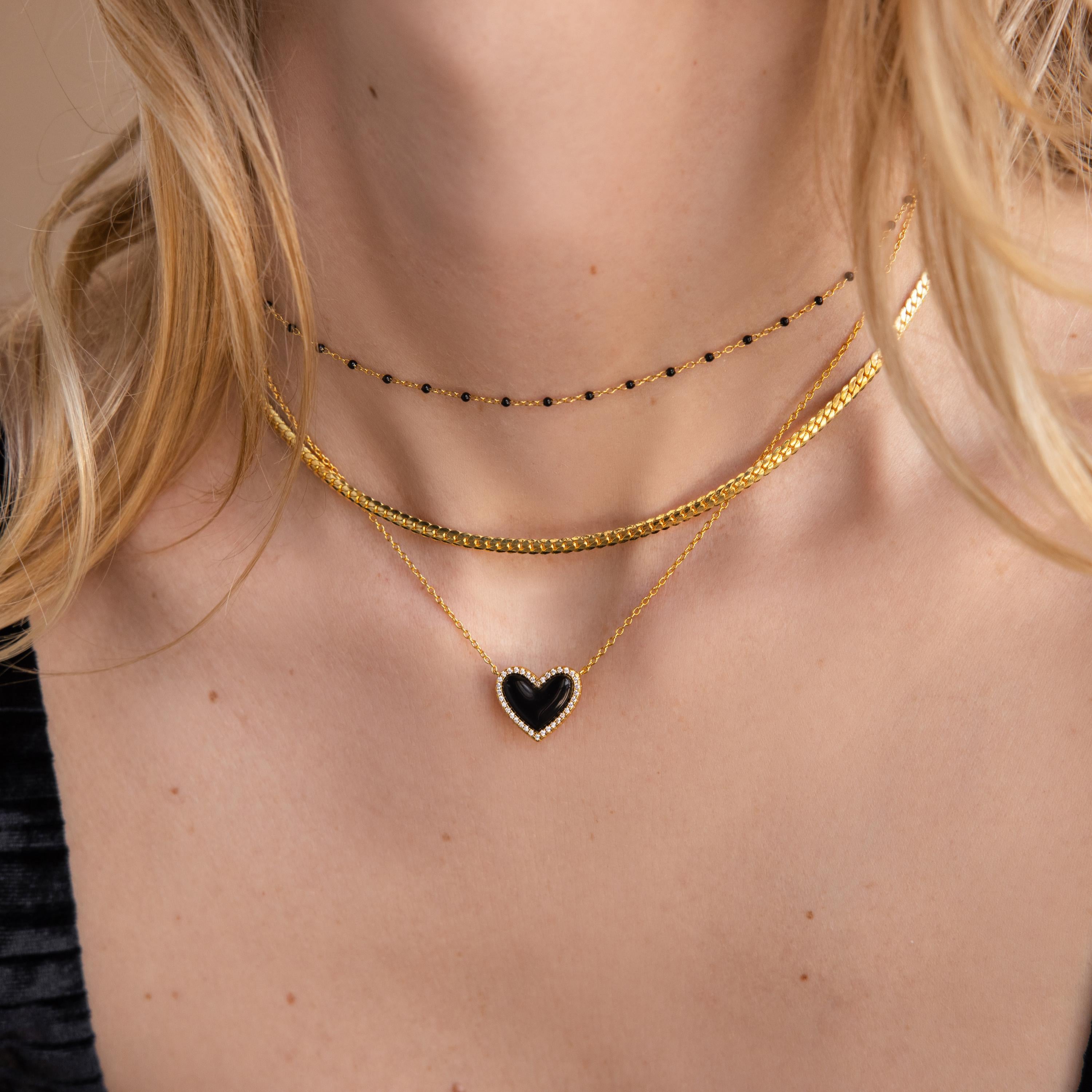 Pave Onyx Puff Heart Necklace