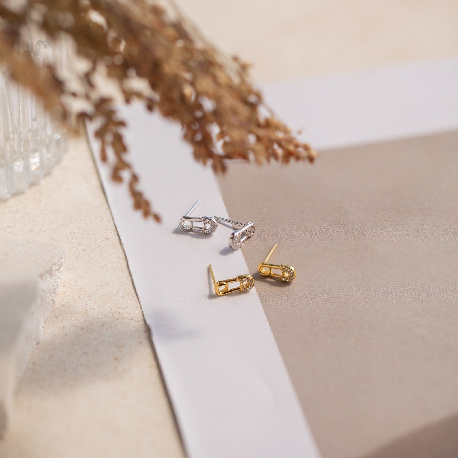 Tiny Pave Safety Pin Studs